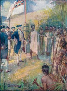 Cook sagte den Maoris, dass er gekommen sei, um eine Markierung auf ihren Inseln zu setzen, ca. 1908, ca. 1920 von Joseph Ratcliffe Skelton