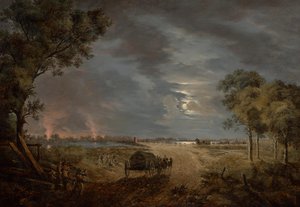 Ansicht der Übergangsbrücke der französischen Armee in die Lobau (Nachtstück mit Mondbeleuchtung) von Joseph Rebell