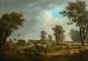 Szene aus den Napoleonischen Kriegen: Brücke in der Lobau mit französischer Infanterie von Joseph Rebell
