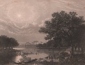 Louisiana Bayou, Vereinigte Staaten, Stahlstich von Robert Hinshelwood nach einem Gemälde von Joseph Rusling Meeker, ca. 16x18 cm