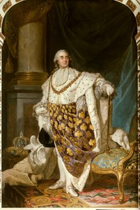 Ganzkörperporträt des Königs von Frankreich Ludwig XVI. im Krönungsgewand (1754-1793). Er trägt die Halskette des Ordens des Heiligen Geistes - Gemälde aus der Werkstatt von Joseph Siffred Duplessis