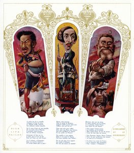 Karikaturen: Meiji-Kaiser von Japan; Maurice Barres, französischer Schriftsteller und nationalistischer Politiker; Jean Jaures, französischer Politiker von Joseph Sirat
