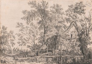 Verfallenes Häuschen in Landschaft mit Figuren von Joseph Stannard