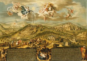 Ein Blick auf Bethlehem mit der Reise der Weisen, der Dreifaltigkeit oben und der Geburt in einer gemalten Kartusche unten, 1752
