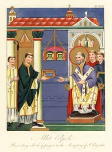 Abt Elfnoth überreicht ein Buch an St. Augustinus (Gravur)