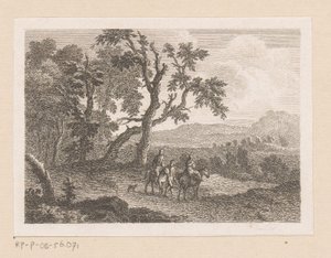 Landschaft mit zwei Reitern und einem Mann zu Fuß