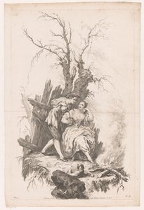 Man und Frau mit Hund am Feuer
