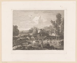 Flusslandschaft mit Hirte und Kühen auf der Brücke von Joseph Wagner