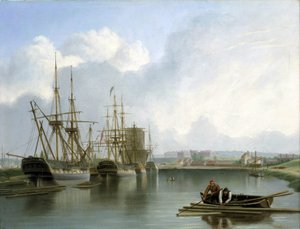 Beschreibung der Docks in Bristol (England), mit Indiaman-Schiffen, die amerikanisches Holz handeln und transportieren, und Holzladungen, die auf dem Wasser schwimmen, mit zwei Männern in einem Boot, die sie mit Haken und Gaffe sammeln