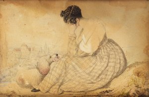 Briefbeschwerer mit trauernder Frau mit Hund und Blick auf Wien von Joseph Weidner