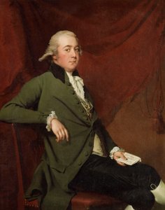 Porträt von Edward Abney, sitzend, Dreiviertellänge, in einem grünen Mantel, einen Brief haltend vor einem roten Vorhang, späte 1780er Jahre von Joseph Wright of Derby
