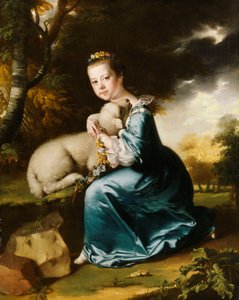 Porträt von Miss Frances Warren, kniend in voller Länge in einem bewaldeten Park, in einem blauen Kleid und ein Lamm haltend von Joseph Wright of Derby