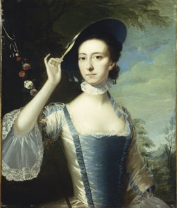 Porträt einer Dame bei einem Blumenkranz, in einer Landschaft von Joseph Wright of Derby