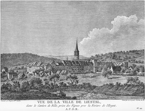 Ansicht der Stadt Liesthal im Kanton Basel, von einem Weinberg am Fluss Ergolz aus gesehen von Joseph de Longueil