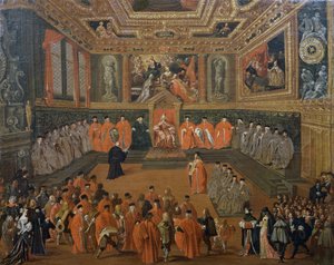 Hearing of Doge in Council Hall of Ducal Palace, Venedig, Gemälde von Joseph Heintz Jünger (ca. 1600-1678) von Joseph the younger Heintz