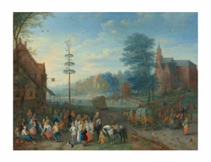 Ein Dorffest mit tanzenden Figuren um einen Maibaum von Joseph van Bredael