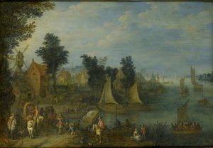 Dorf am Ufer eines Flusses von Joseph van Bredael