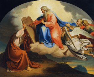 Gott schreibt Moses auf dem Berg Sinai die zehn Gebote auf zwei steinerne Tafeln von Joseph von Fuhrich
