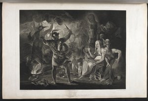 Macbeth. Akt IV. Szene I. Eine dunkle Höhle. In der Mitte ein kochender Kessel. Drei Hexen. Macbeth. Hekate. Macbeth steht den Hexen und den Erscheinungen gegenüber; zu seinen Füßen, in einer zusammengerollten Schlange, stehen ein kleines blutiges Kind und von Joshua (after) Reynolds