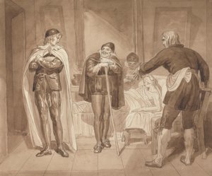 Gil Blas, während er unter Dr. Sangrado Medizin praktiziert, trifft Dr. Cuchillo am Bett des Lebensmittelhändlers