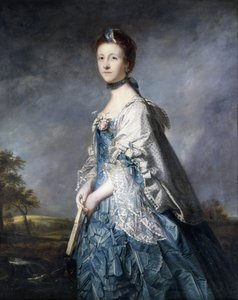 Porträt von Anne, Gräfin Winterton, stehend, dreiviertel Länge, in einem blauen Kleid und einer spitzenbesetzten Stola, einen Fächer haltend, in einer Landschaft