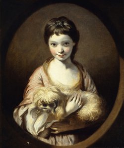 Porträt von Miss Emilia Vansittart, Halbfigur, in einem rosa-weißen Kleid, einen Hund haltend, ca. 1767-68 von Joshua Reynolds