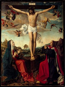Kalvarienberg. Kreuzigung mit der Jungfrau Maria und dem Heiligen Johannes am Fuß des Kreuzes. Inschrift „INRI“ am Kreuz von Josse (fl.1493 1508) Lieferinxe