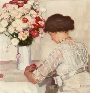 In Gedanken (Dame in Weiß mit Blumen) von Josse Goossens