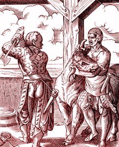 Ein Metzger - Essen und Kochen im Mittelalter. Stich von Jost Amman (1539-1591). Stich 1878 von Jost (after) Amman