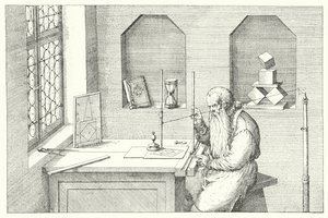 Deutscher Goldschmied, Künstler und Radierer Wenzel Jamnitzer in seinem Atelier (Gravur)
