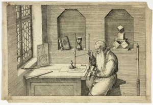 Porträt von Wenzel Jamnitzer in seinem Arbeitszimmer von Jost Amman