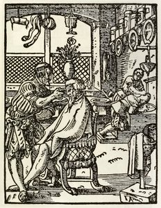 Die Barbiere aus einer Serie, die Berufe und Handwerke darstellt, erstmals veröffentlicht in Das Ständebuch 1568 in Frankfurt, Deutschland