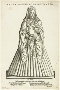Vidua Senensis in Hetruria (Witwe von Siena in der Toskana) aus H. Weigels Trachtenbuch, Tafel 51 aus Holzschnitten aus Büchern des XVI. Jahrhunderts