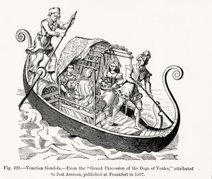 Venezianische Gondel, aus der großen Prozession des Dogen von Venedig, Illustration aus Wissenschaft und Literatur im Mittelalter und der Renaissance, geschrieben und graviert von Paul Lacroix, 1878