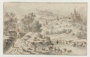 Gebirgige Landschaft mit einer Stadt auf einem Hügel von Josua de Grave