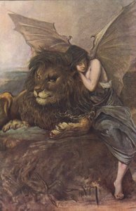 Löwe und geflügelte Frau