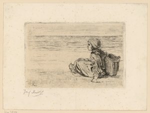 Mädchen mit Kiepe auf dem Rücken am Strand von Jozef Israëls