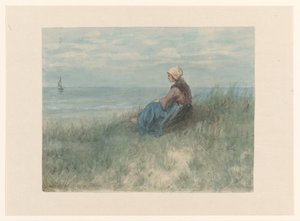 Eine Frau sitzt auf einer Düne und schaut aufs Meer von Jozef Israëls