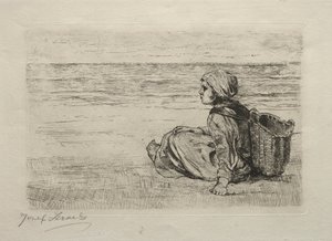 Mädchen mit Korb am Ufer sitzend von Jozef Israëls