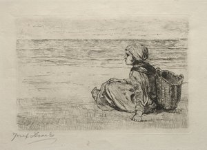 Mädchen mit Korb am Ufer sitzend von Jozef Israëls