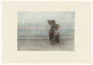 Frau mit Kind, am Strand entlanggehend