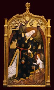 Der Erzengel Michael. Gemälde zugeschrieben Juan Hispalense (15. Jahrhundert), Öl und Gold auf Holz, um 1480. Museum der Schönen Künste in Sevilla, Spanien.