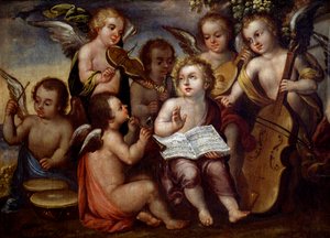 Jesuskind mit Engeln, die Musikinstrumente spielen