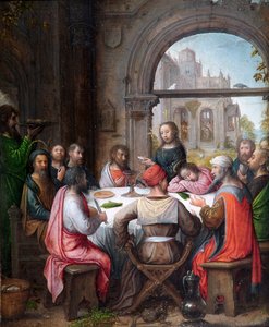 Das letzte Abendmahl, mit der Einsetzung der Eucharistie und Christus wäscht den Jüngern die Füße von Juan de (school of) Flandes