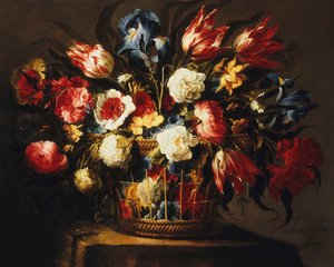 Blumen in einem Korb auf einem steinernen Sims von Juan de Arellano
