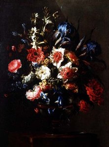Schwertlilien, Pfingstrosen, Winden und andere Blumen in einer Urne auf einem Sockel von Juan de Arellano