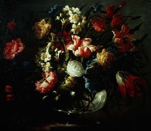 Tulpen, Nelken und Narzissen in einer Glasvase von Juan de Arellano