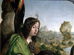 Taufe Christi, Detail des Kopfes eines Engels von Juan de Flandes