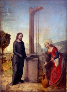 Christus und die Samariterin Gemälde von Juan de Flandes (bekannt von 1496 bis 1519)