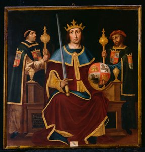 Heiliger Ferdinand auf dem Thron mit zwei Höflingen